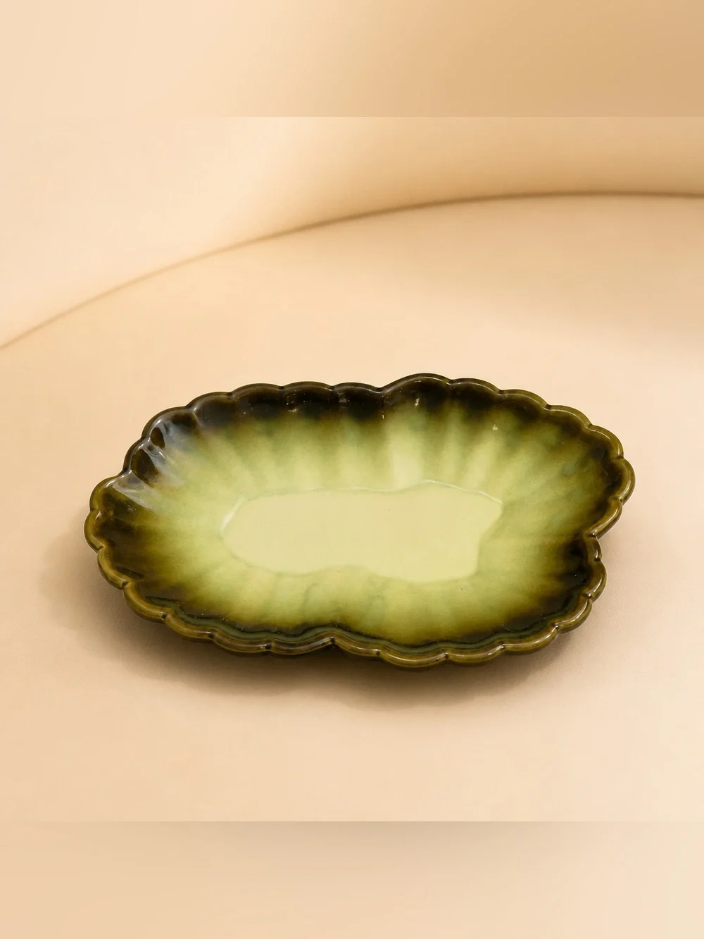 Mid-Century Modern Green/Brown Ombre Ceramic Leaf or Floral serving dish